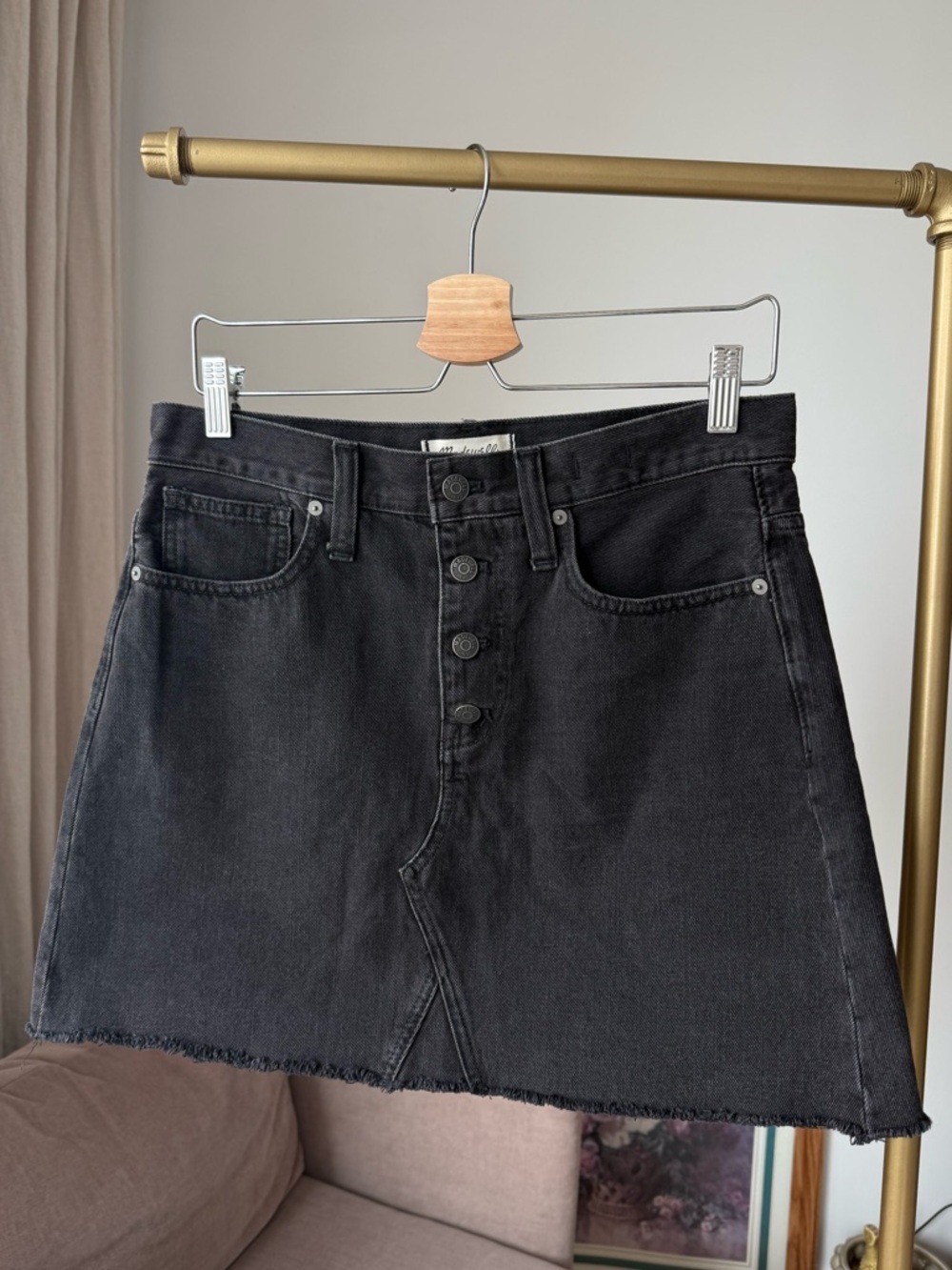 Madewell Black A-Line Denim Mini Skirt Lunar Wash Button Front, 28 - Picture 2 of 11